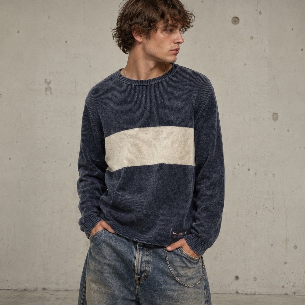 Polo Jeans Co Ralph Lauren Mens XXL Ribbed Knit Sweater Navy Blue Cream Stripe